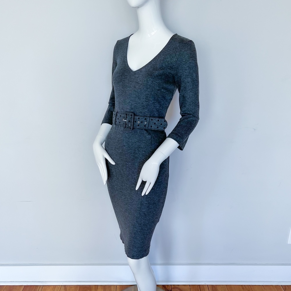 SUOLI MADE IN ITALY Grey Bodycon Stretch Office Dress 3/4 Sleeve Belted V-neck